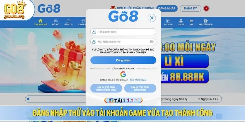 Đăng nhập thử vào tài khoản game vừa tạo thành công